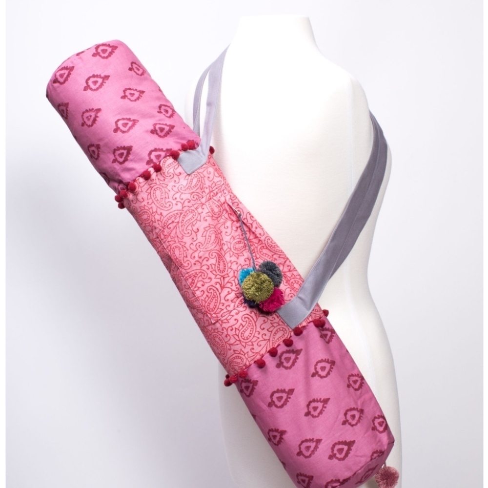 FAIR Trade Handmade Sling Yoga Bag. Pink. With Pom Poms